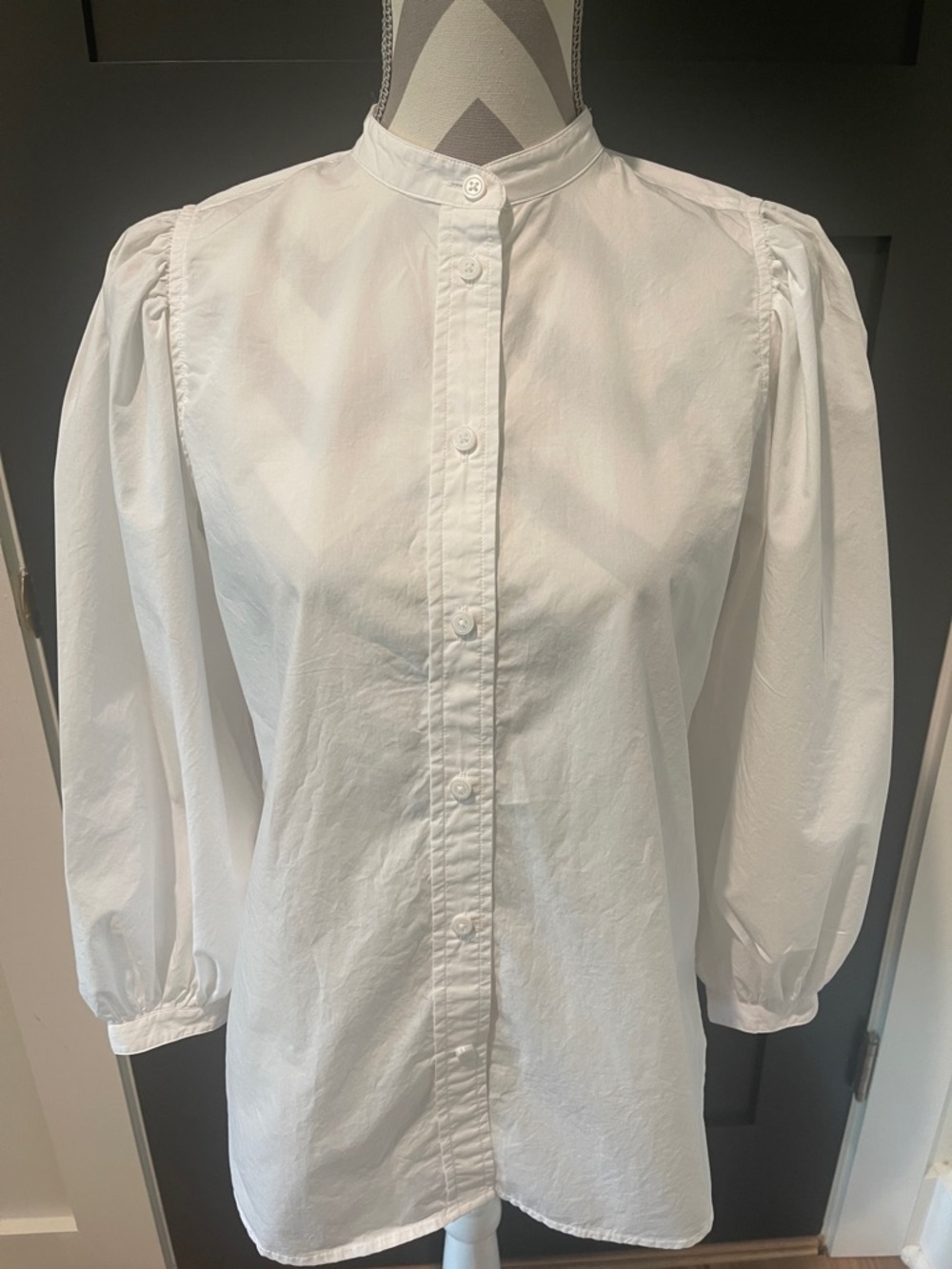 J. Crew White Mandarin Collar Puff Sleeves Cottagecore Cotton Blouse Size 2 - Picture 2 of 6